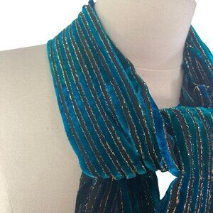 Cocoon House Velvet Burnout Striped Scarf Teal Black Gold Accents Silk Blend